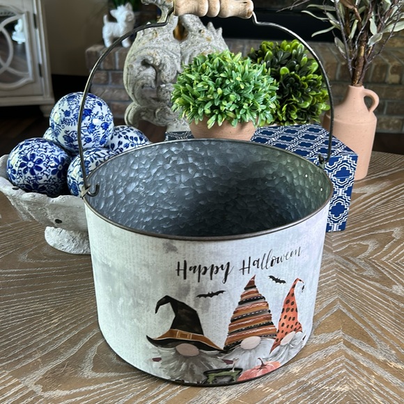 NEW! Cottage Farmhouse Enchanted Gnome Distressed Metal Halloween Bucket Basket - Picture 6 of 7